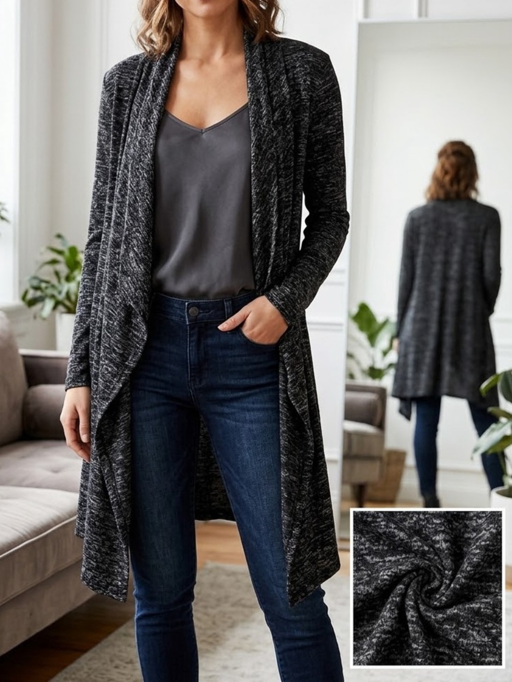 Marled Charcoal Open-Front Waterfall Cardigan